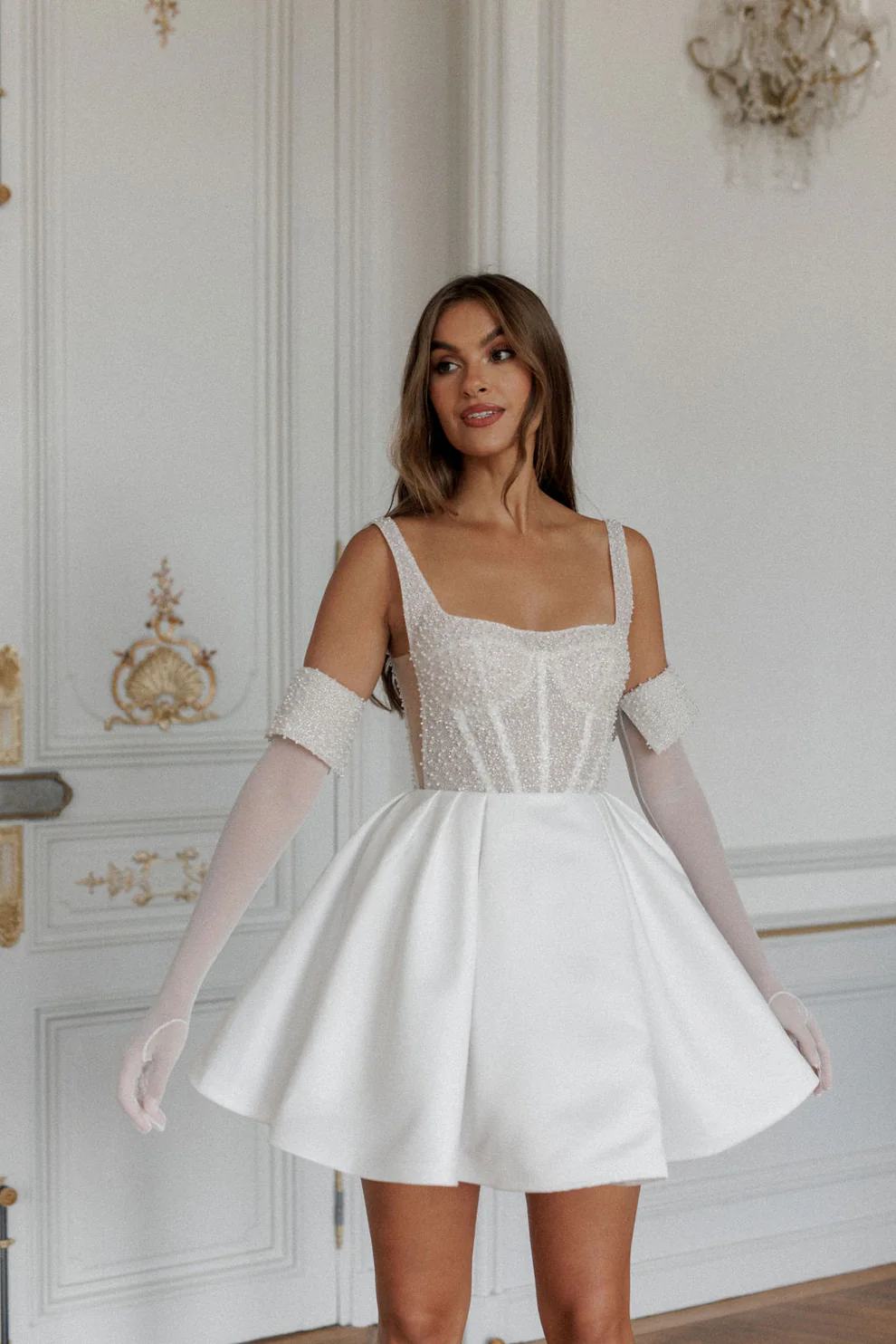 Elegant Corset Pearl Short Wedding Dress with Gloves SW110 - SHEER FAIRY