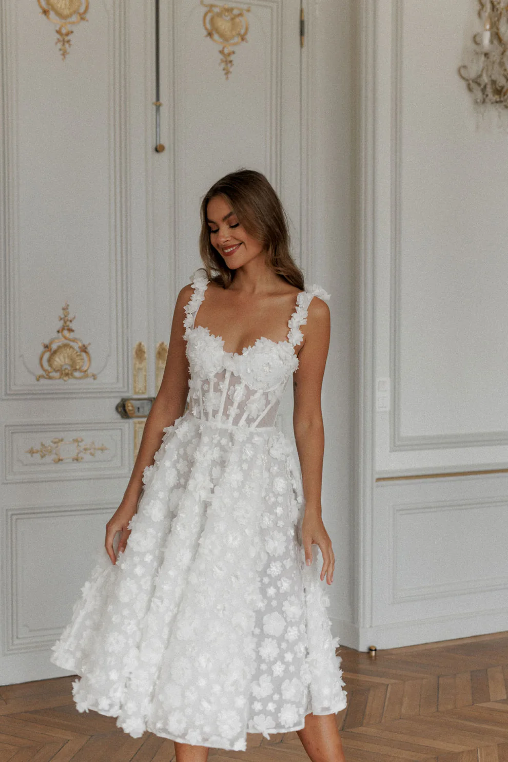 Luxury 3D Floral Lace Tea-Length Wedding Dress with Straps SW111 - SHEER FAIRY