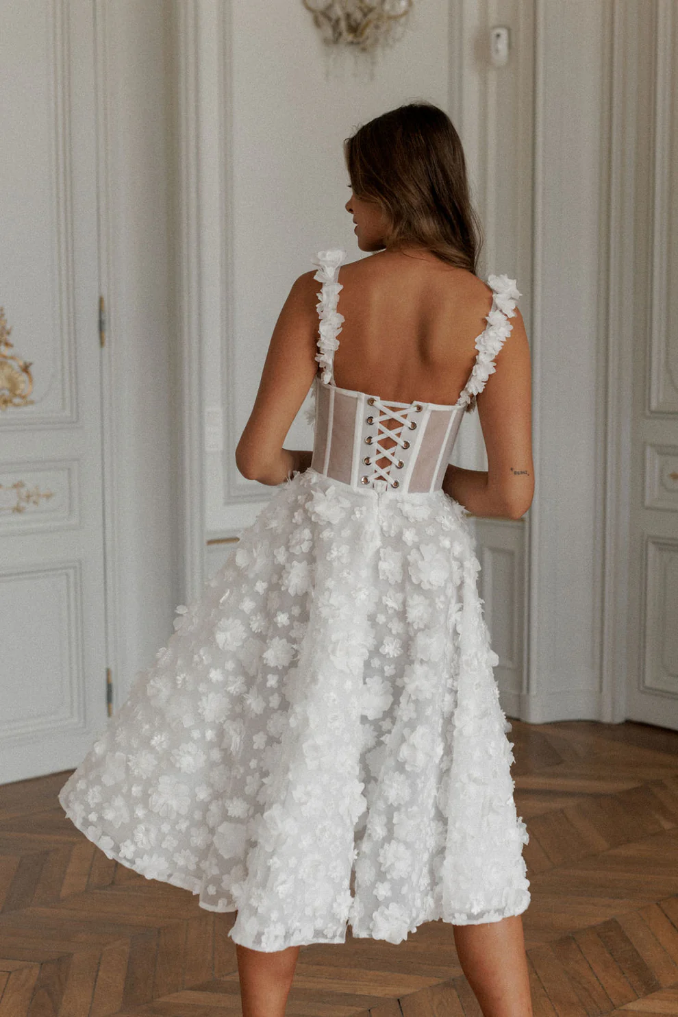 Luxury 3D Floral Lace Tea-Length Wedding Dress with Straps SW111 - SHEER FAIRY