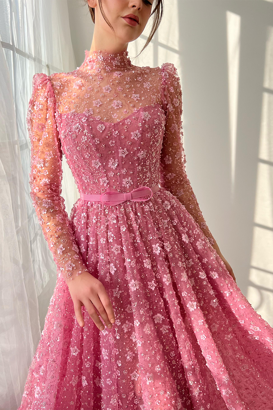 Pink Floral Lace High Neck A-Line Sleeves Evening Dress SS700