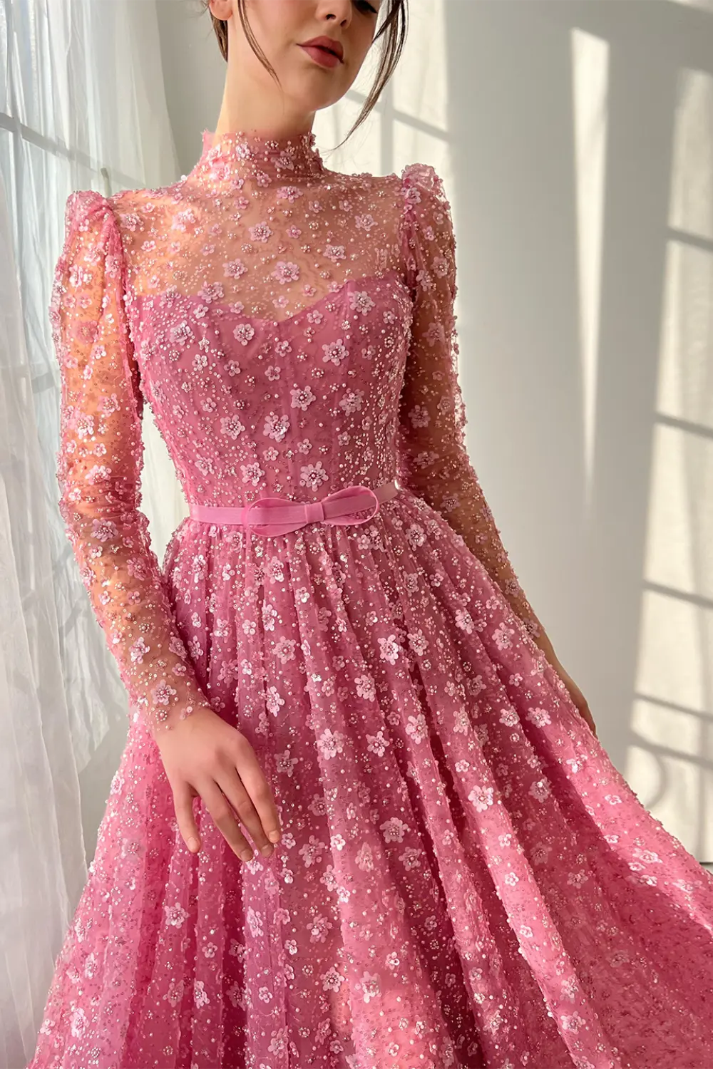 Pink Floral Lace High Neck A-Line Sleeves Evening Dress SS700 Sheer Fairy