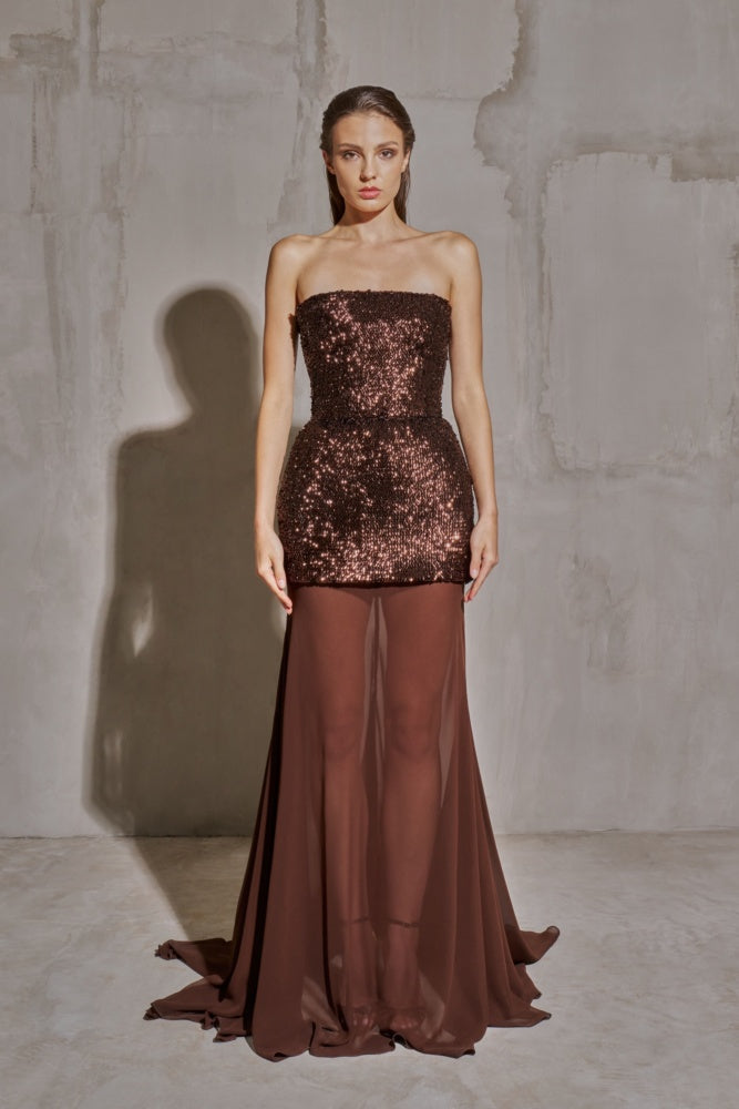 Chocolate Brown Two-Piece Sequin Mermaid Evening Dress SF442 Sheer Fairy