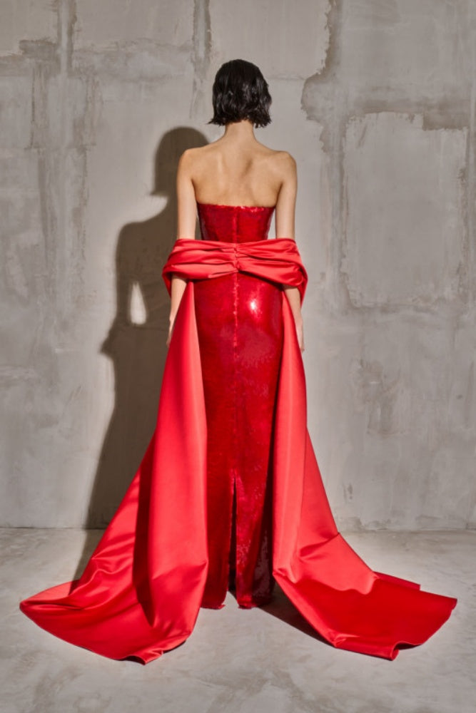 Red Sequin Satin Cape Mermaid Evening Dress SF436 Sheer Fairy