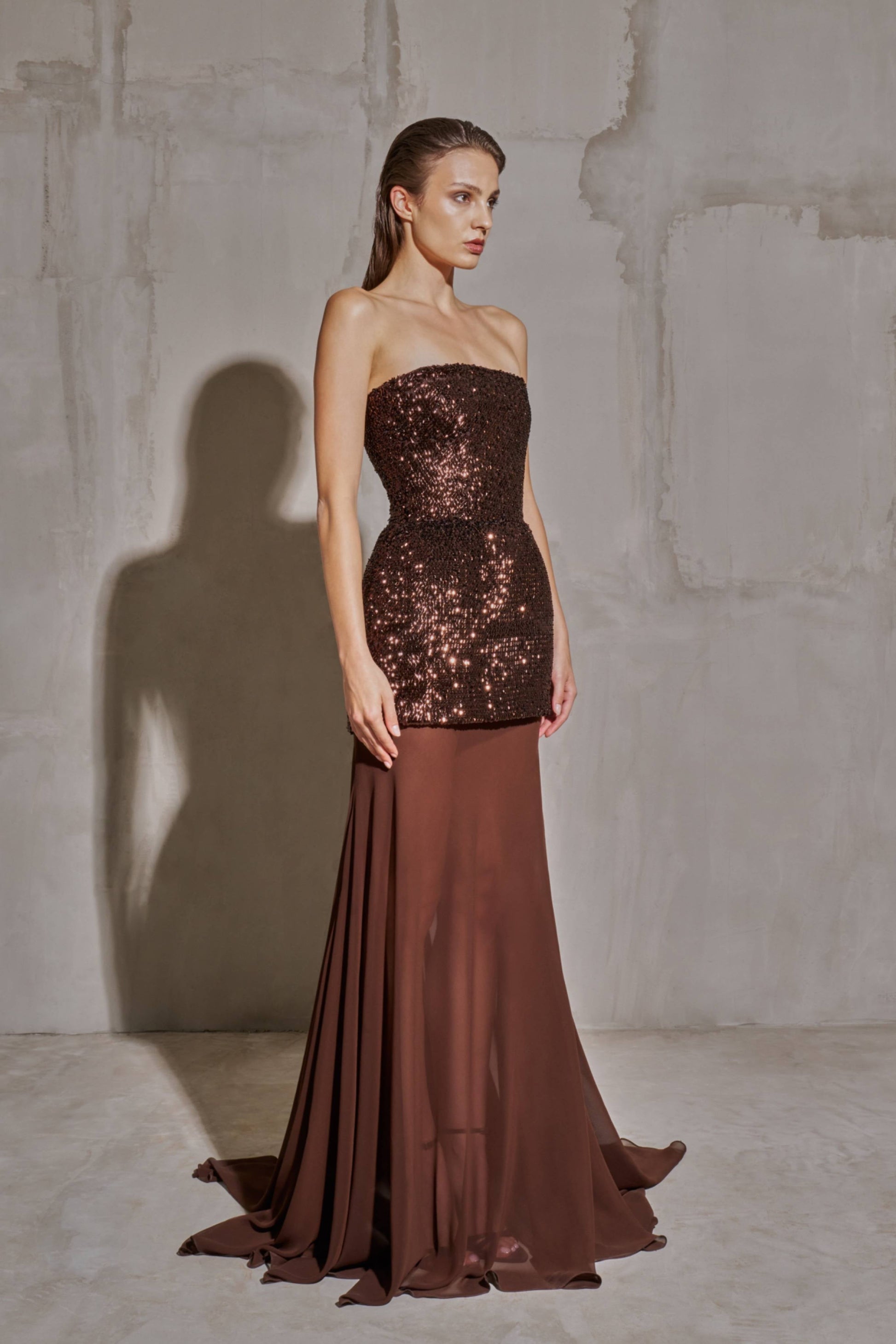 Chocolate Brown Two-Piece Sequin Mermaid Evening Dress SF442 Sheer Fairy