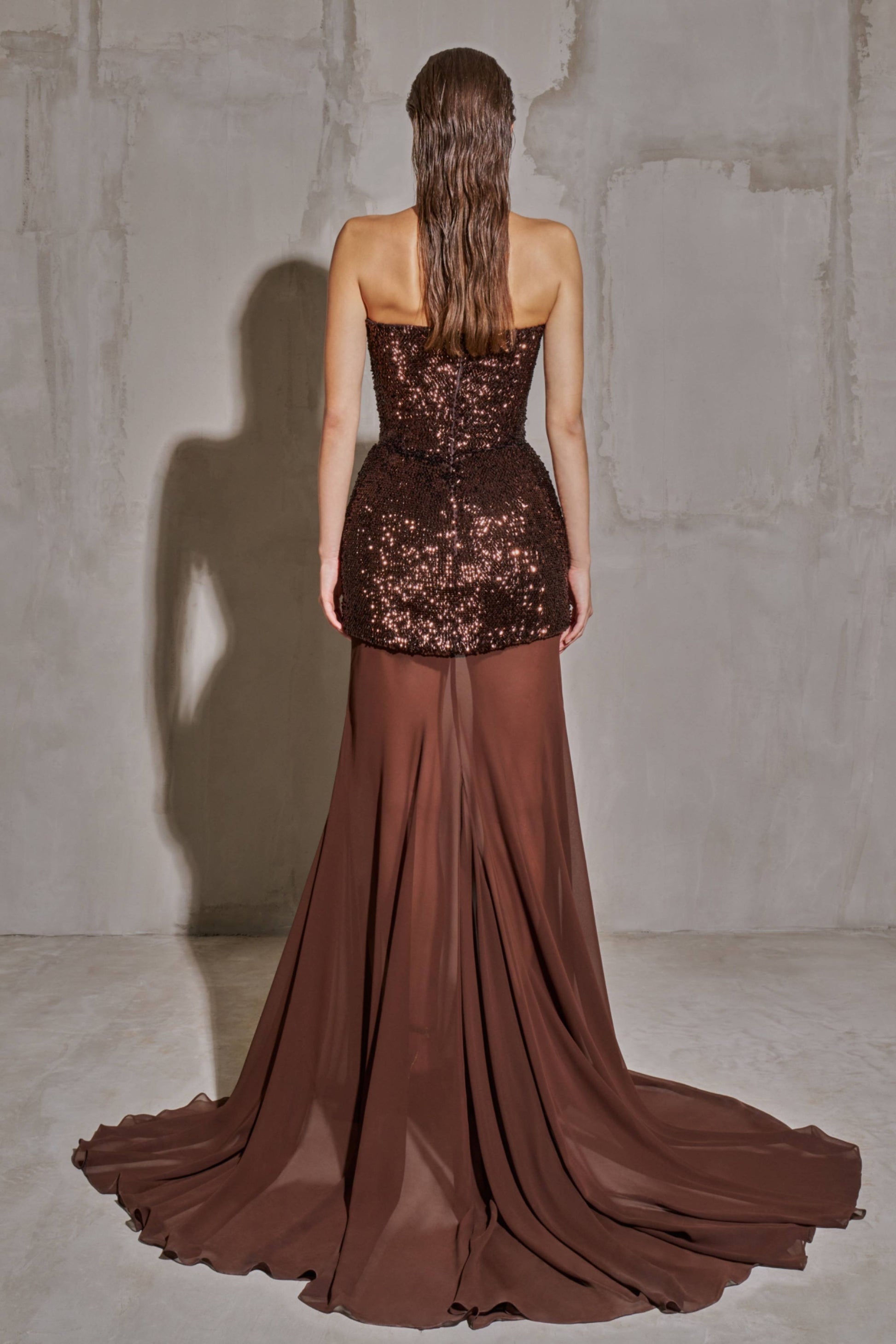 Chocolate Brown Two-Piece Sequin Mermaid Evening Dress SF442 Sheer Fairy