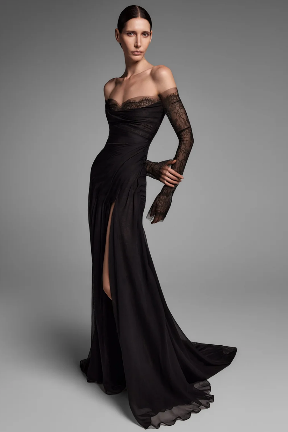 Black Tulle Off-Shoulder Sheath Long Sleeve Prom Dress SH542 Sheer Fairy