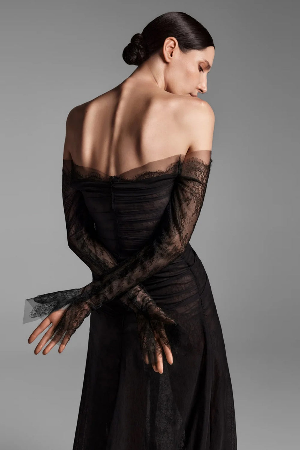 Black Tulle Off-Shoulder Sheath Long Sleeve Prom Dress SH542 Sheer Fairy