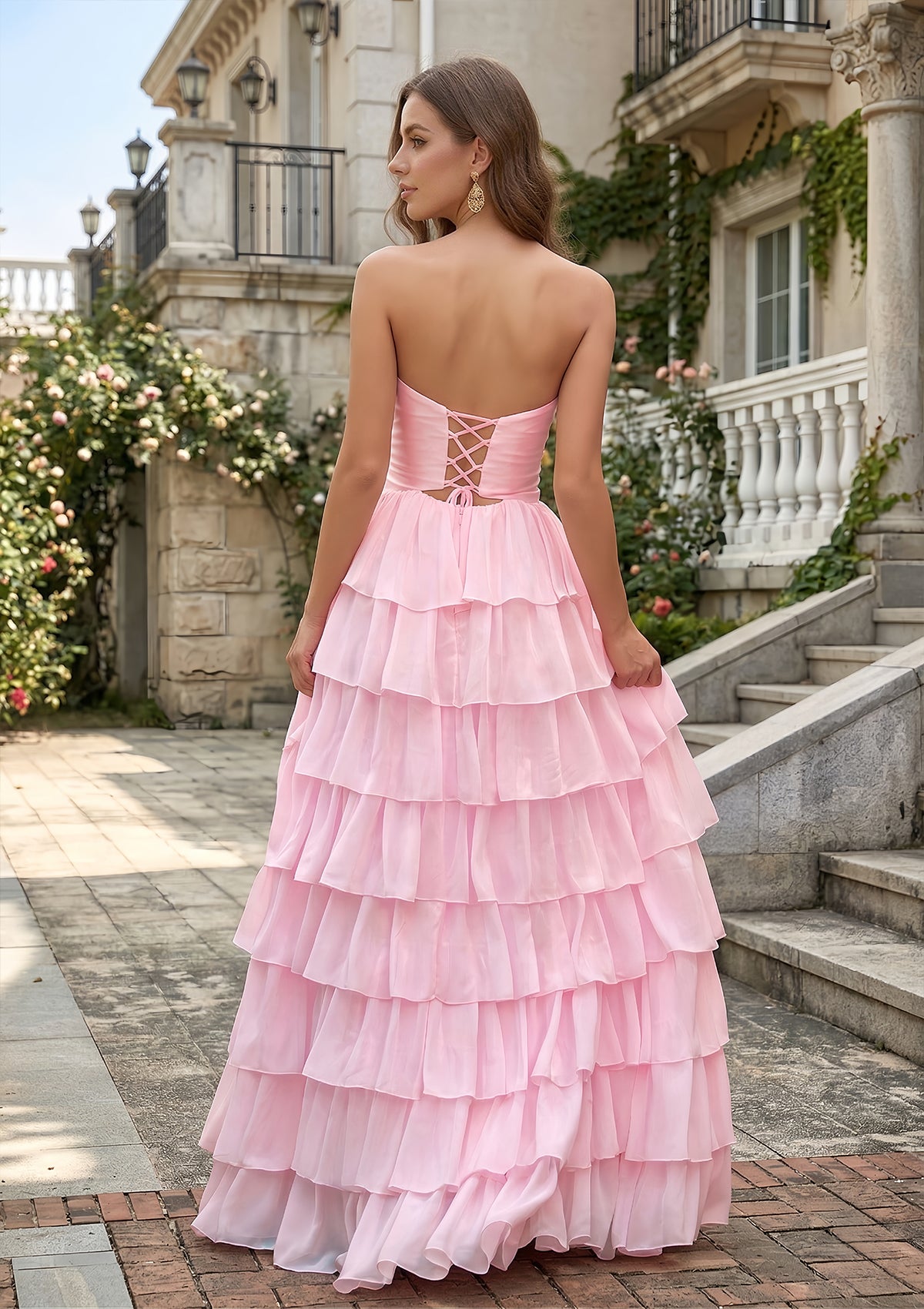 Romantic Pink Ruffled Prom Dress with Waist Cutout & Side Slit SH720 Sheer Fairy
