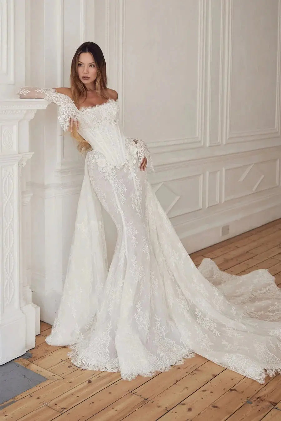 White Strapless Boned Corset Mermaid Wedding Gown with Long Train SW671 Sheer Fairy
