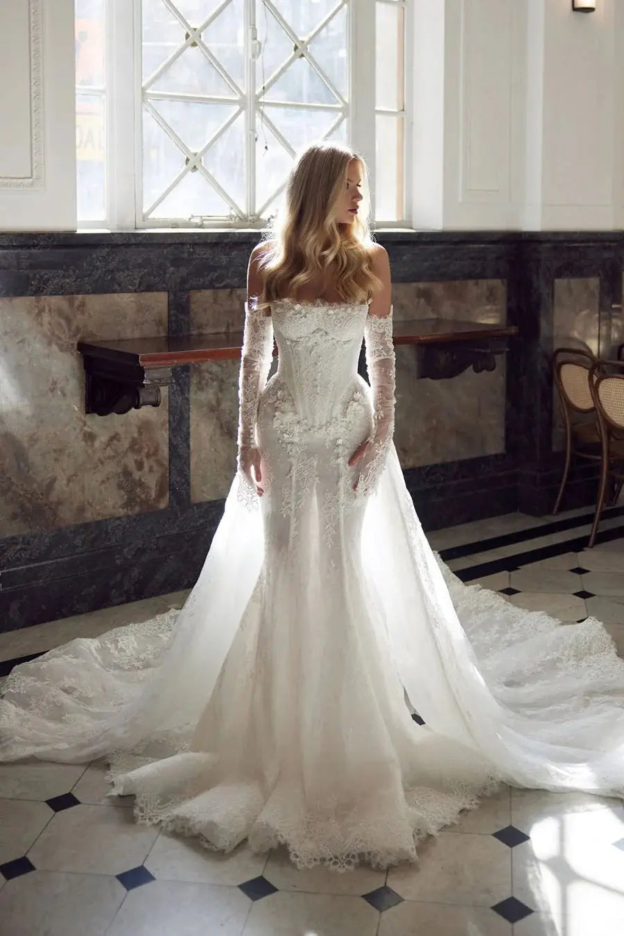 White Strapless Boned Corset Mermaid Wedding Gown with Long Train SW671 Sheer Fairy