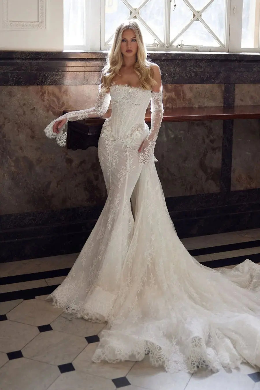 White Strapless Boned Corset Mermaid Wedding Gown with Long Train SW671 Sheer Fairy