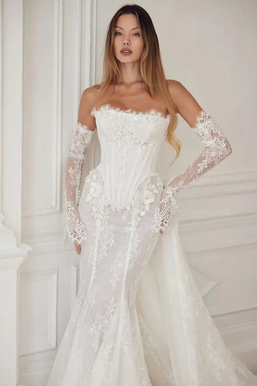 White Strapless Boned Corset Mermaid Wedding Gown with Long Train SW671 Sheer Fairy