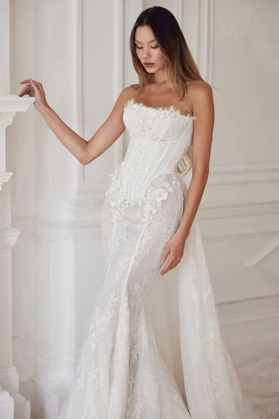 White Strapless Boned Corset Mermaid Wedding Gown with Long Train SW671 Sheer Fairy