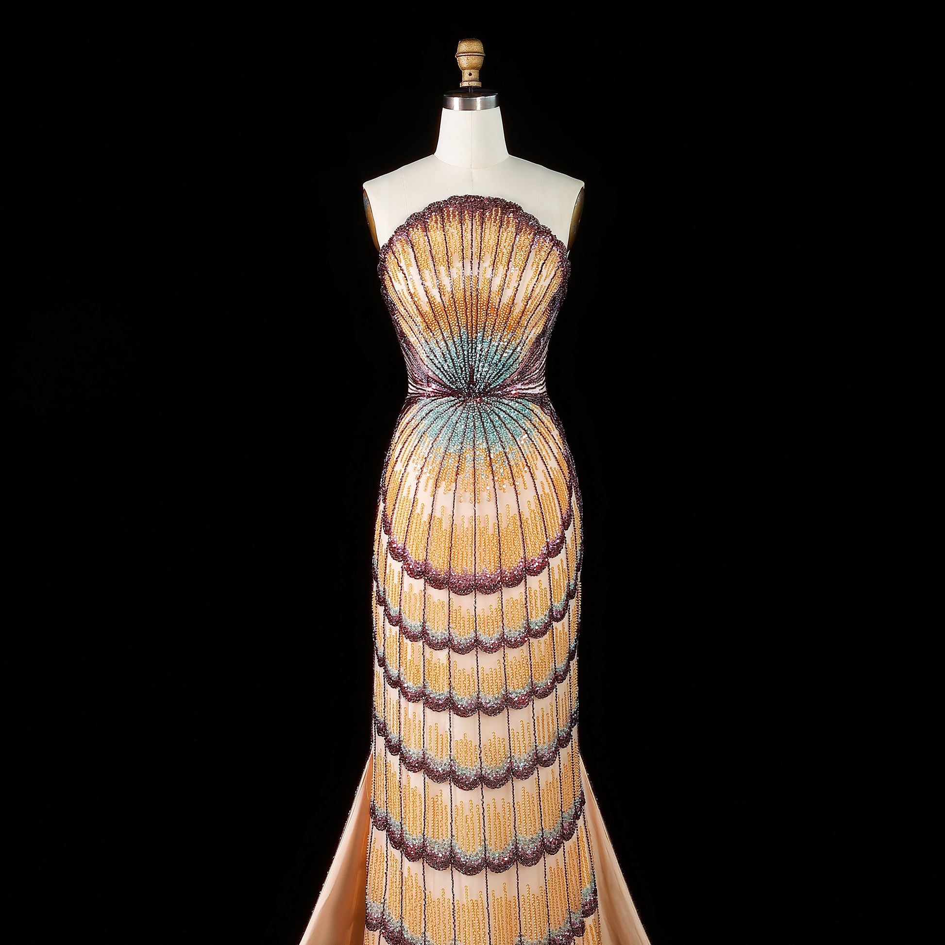 Strapless Ombre Scallop Beaded Mermaid Evening Gown with Train SS656 Sheer Fairy