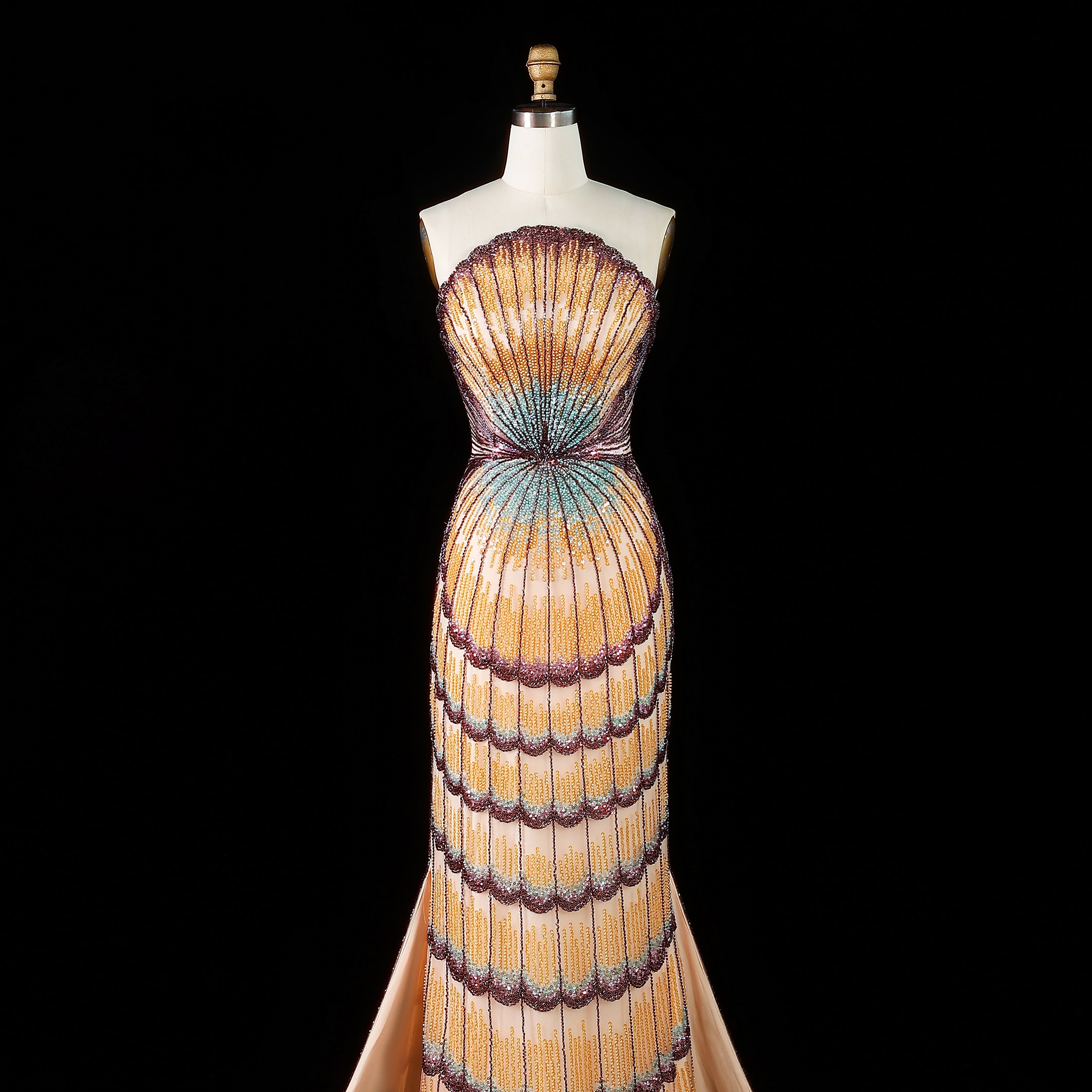 Strapless Ombre Scallop Beaded Mermaid Evening Gown with Train SS656 Sheer Fairy