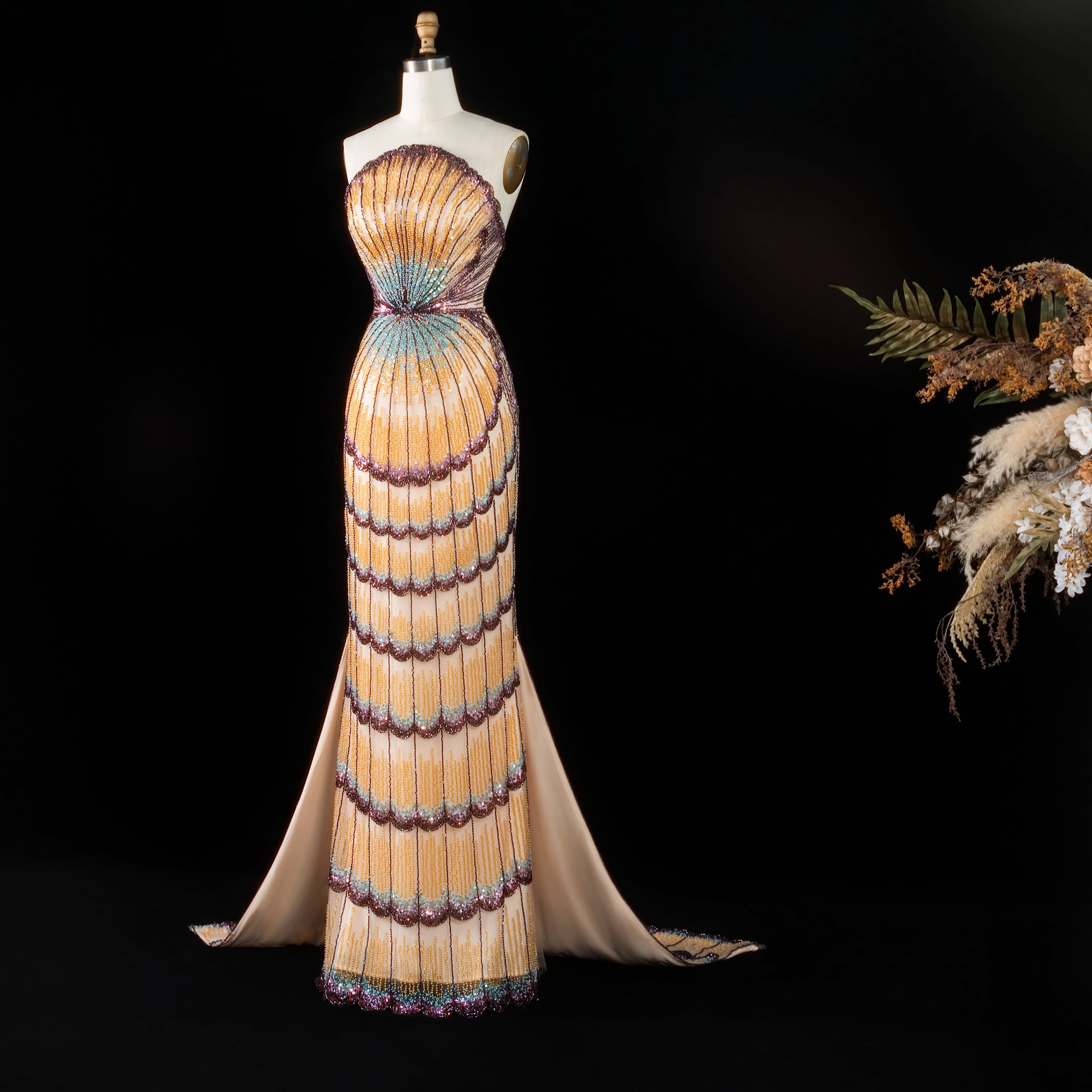 Strapless Ombre Scallop Beaded Mermaid Evening Gown with Train SS656 Sheer Fairy