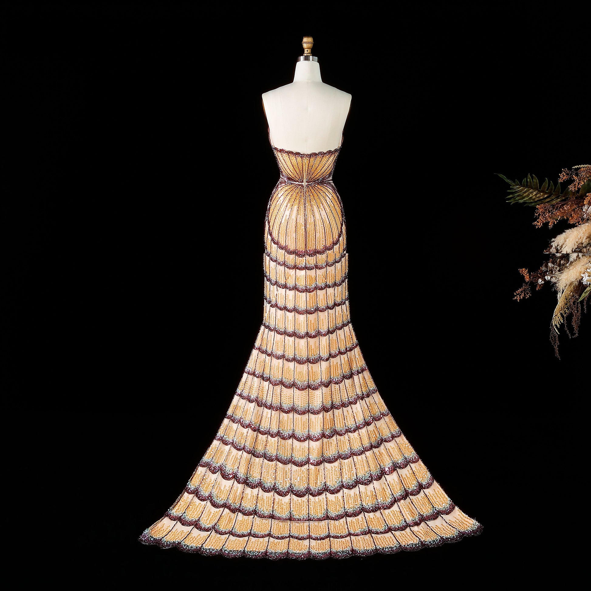 Strapless Ombre Scallop Beaded Mermaid Evening Gown with Train SS656 Sheer Fairy