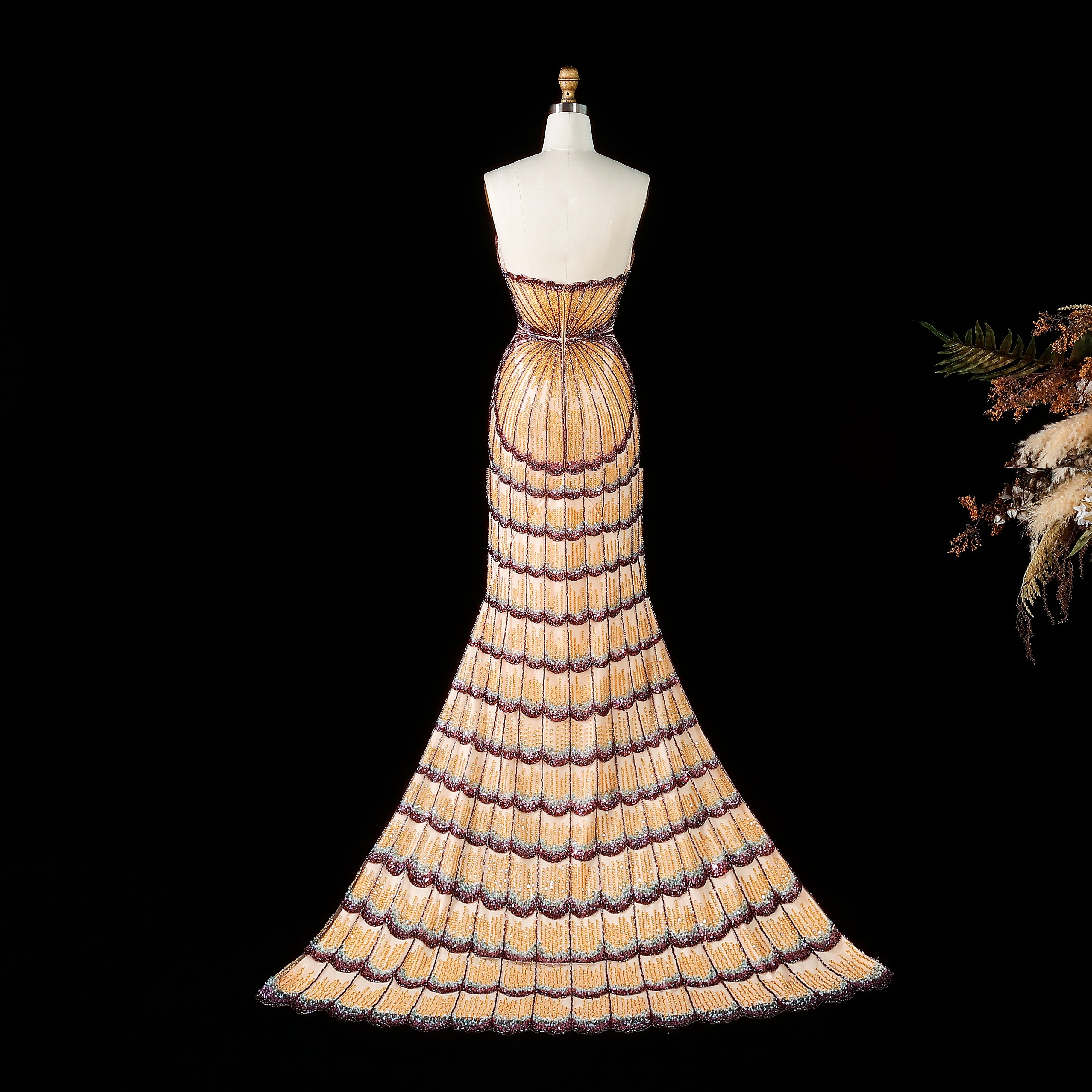 Strapless Ombre Scallop Beaded Mermaid Evening Gown with Train SS656 Sheer Fairy