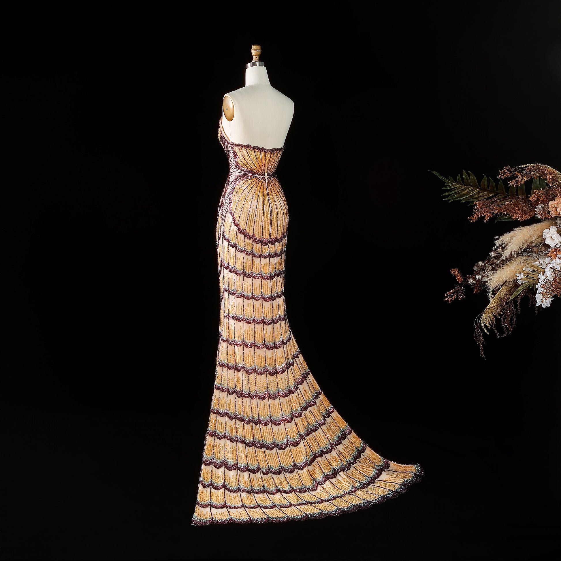 Strapless Ombre Scallop Beaded Mermaid Evening Gown with Train SS656 Sheer Fairy