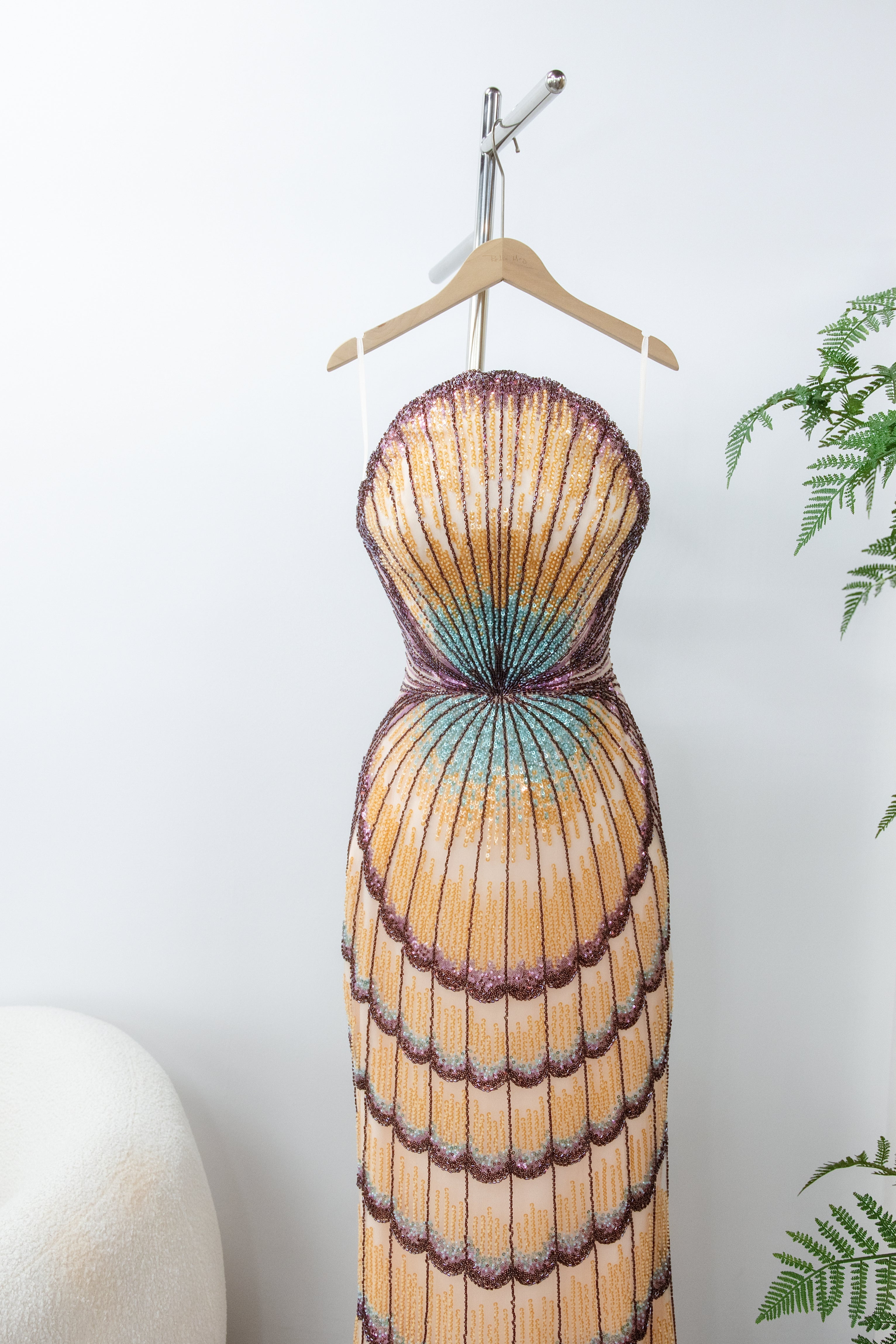 Strapless Ombre Scallop Beaded Mermaid Evening Gown with Train SS656 Sheer Fairy