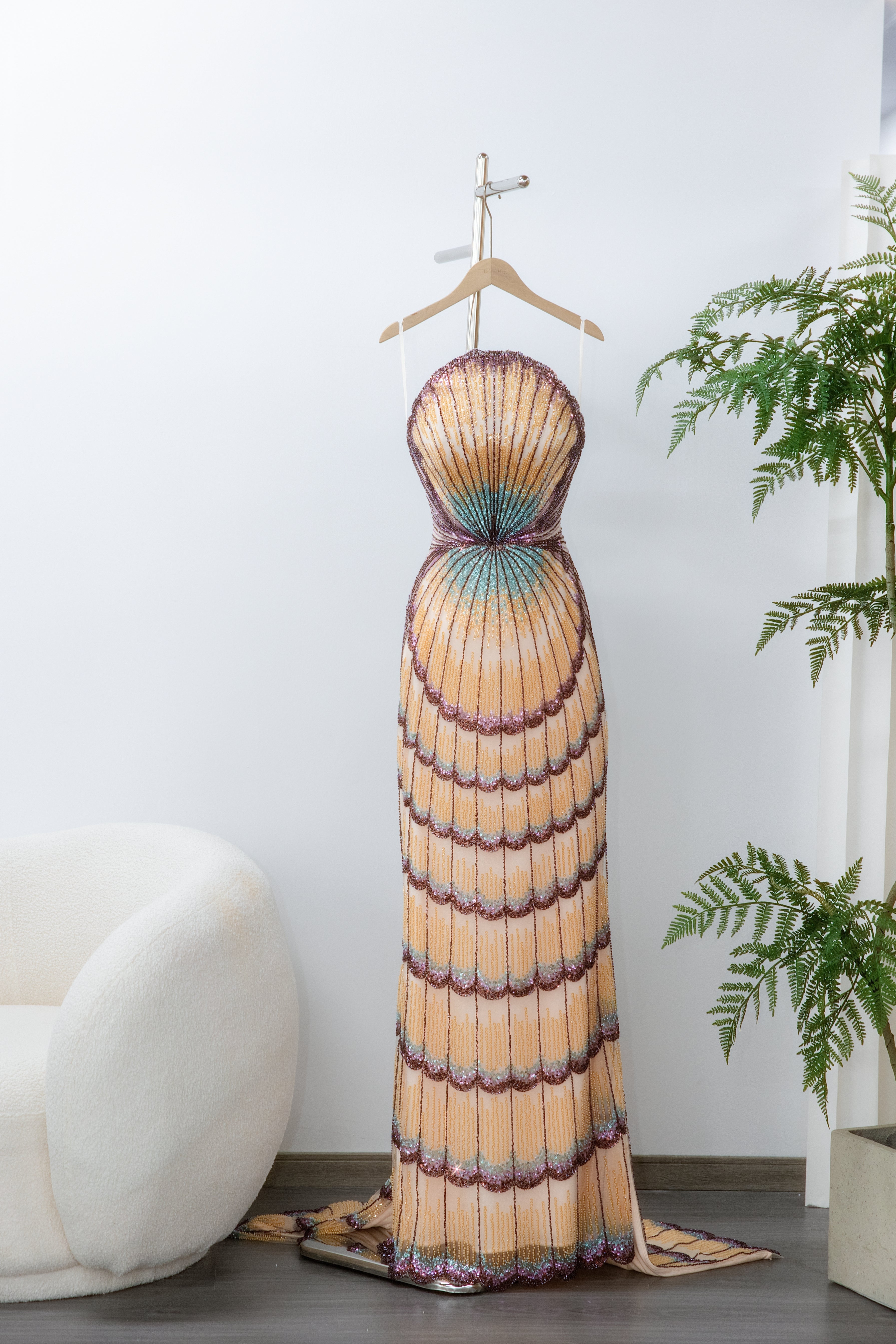 Strapless Ombre Scallop Beaded Mermaid Evening Gown with Train SS656 Sheer Fairy