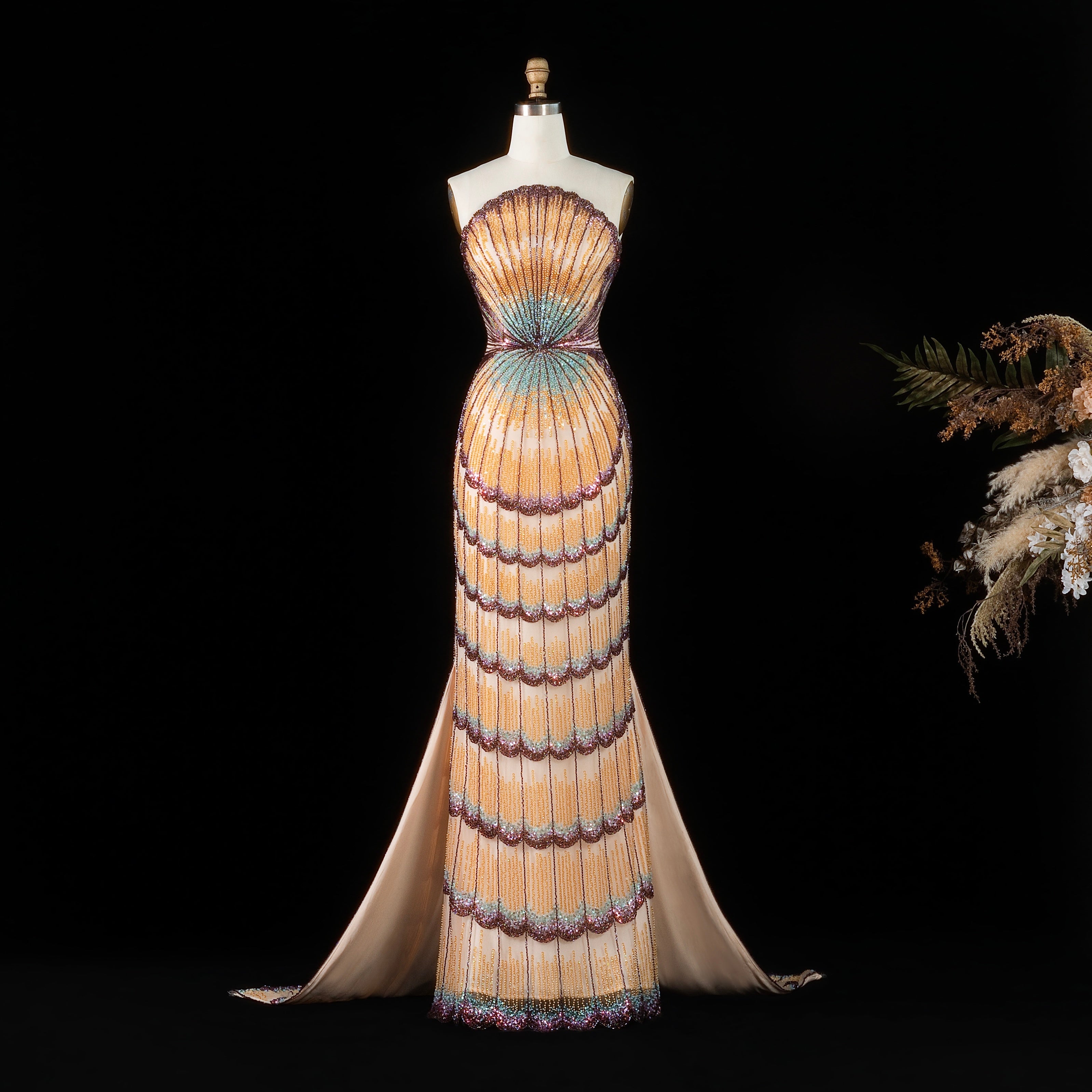 Strapless Ombre Scallop Beaded Mermaid Evening Gown with Train SS656 Sheer Fairy