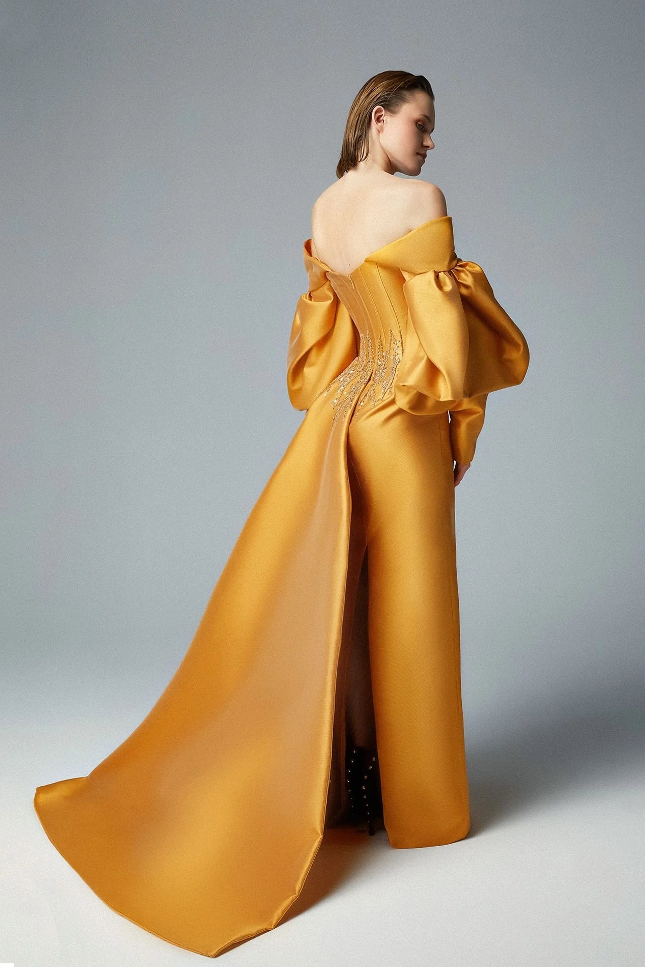 Elegant Orange Satin Off the Shoulder Long Sleeve Evening Dress Embroidered Corset Prom Gown With Train SF109 Sheer Fairy