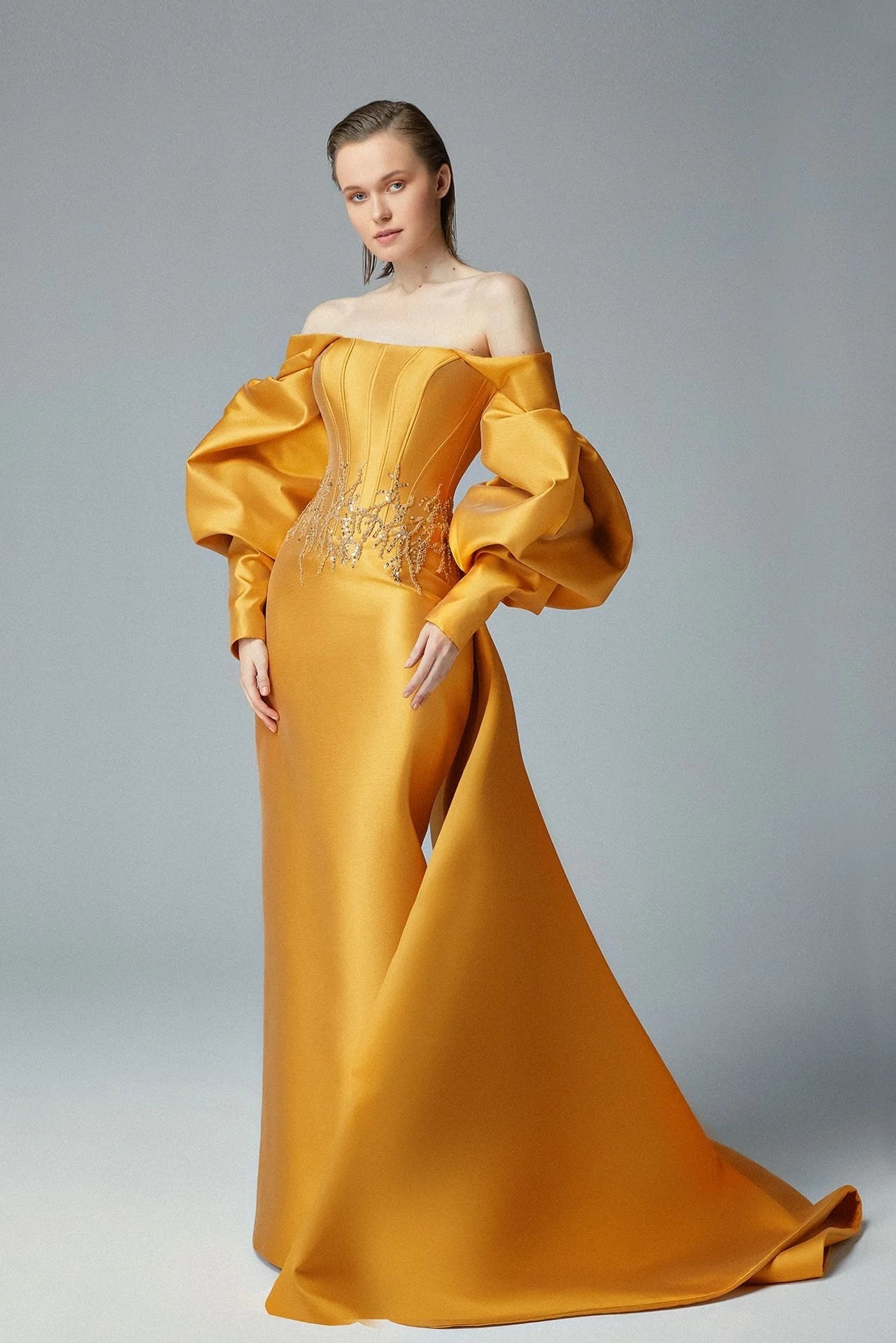 Elegant Orange Satin Off the Shoulder Long Sleeve Evening Dress Embroidered Corset Prom Gown With Train SF109 Sheer Fairy