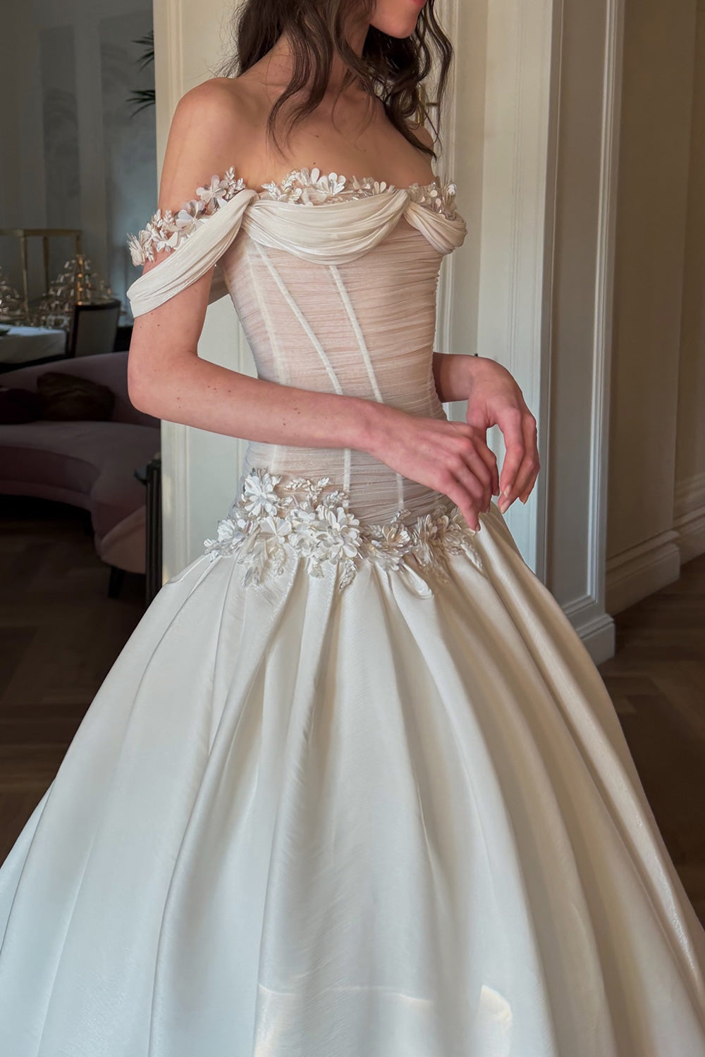 Off-the-Shoulder Corset Ball Gown Wedding Dress with Floral SW229 Sheer Fairy