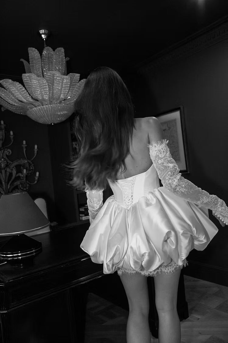 Dreamy White Vintage Fringe Lace Off-the-Shoulder Mini Wedding Dress SW731 Sheer Fairy
