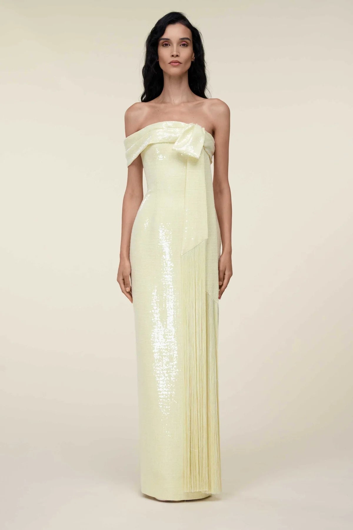 Elegant Light Yellow Sequined Off the Shoulder Evening Dress Bow Fringe Fringe Long Prom Gown SF469 Sheer Fairy