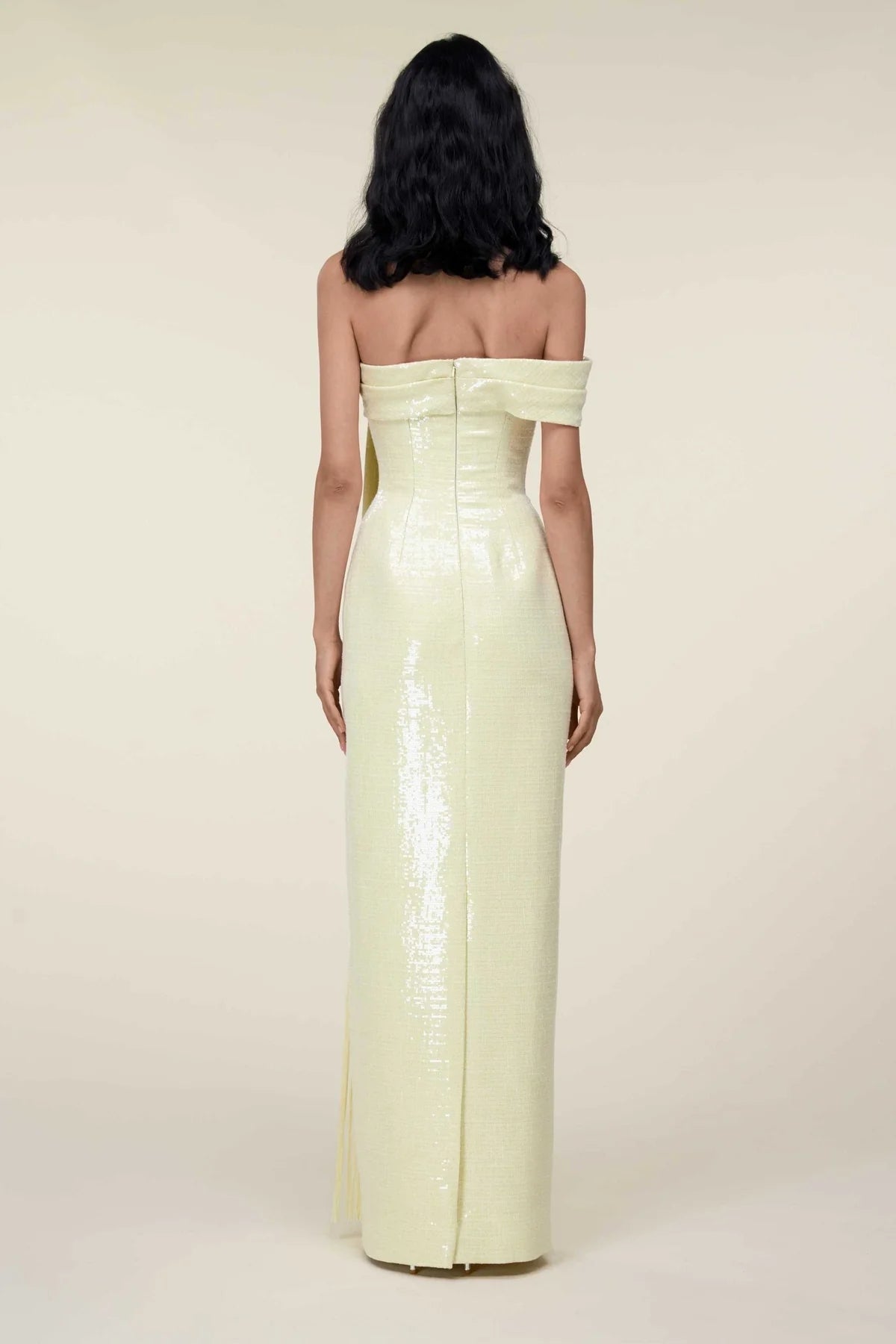 Elegant Light Yellow Sequined Off the Shoulder Evening Dress Bow Fringe Fringe Long Prom Gown SF469 Sheer Fairy