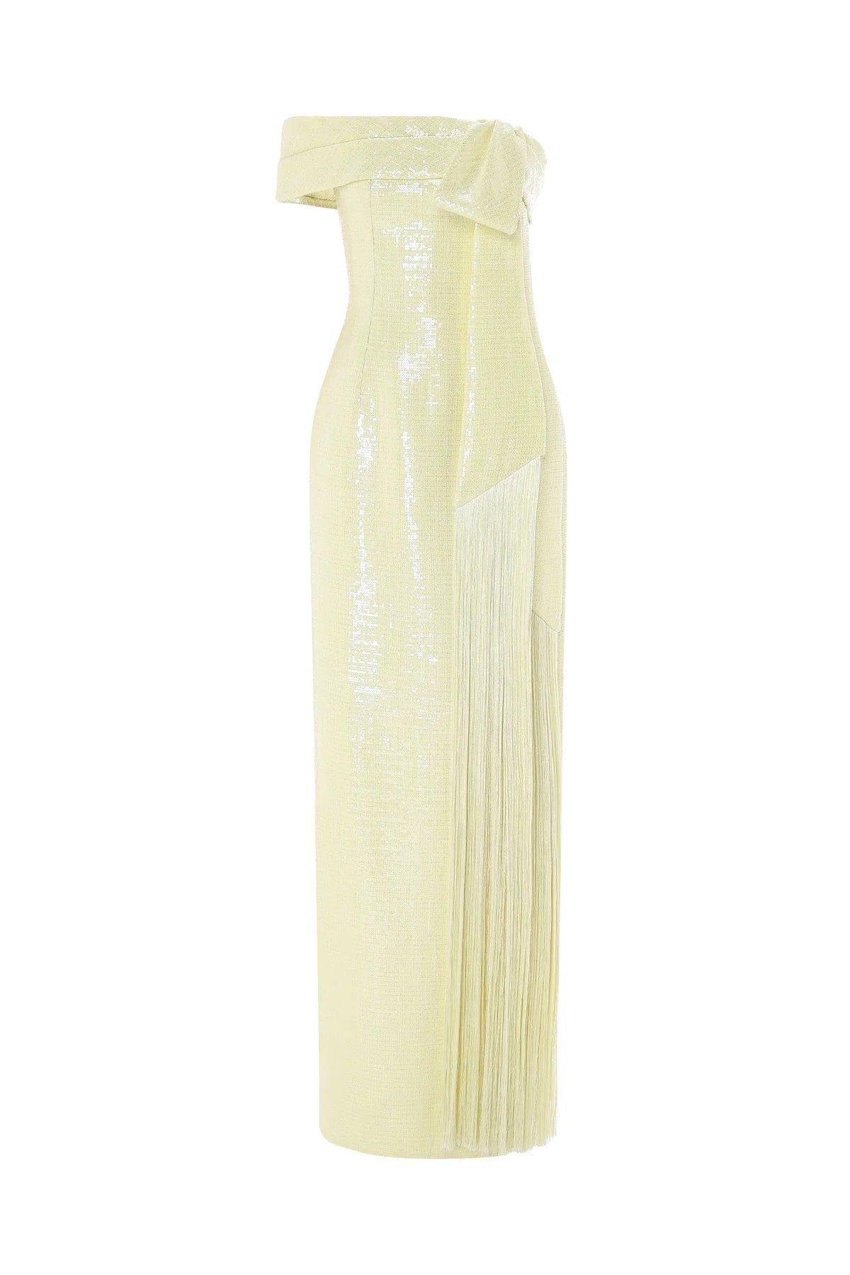 Elegant Light Yellow Sequined Off the Shoulder Evening Dress Bow Fringe Fringe Long Prom Gown SF469 Sheer Fairy