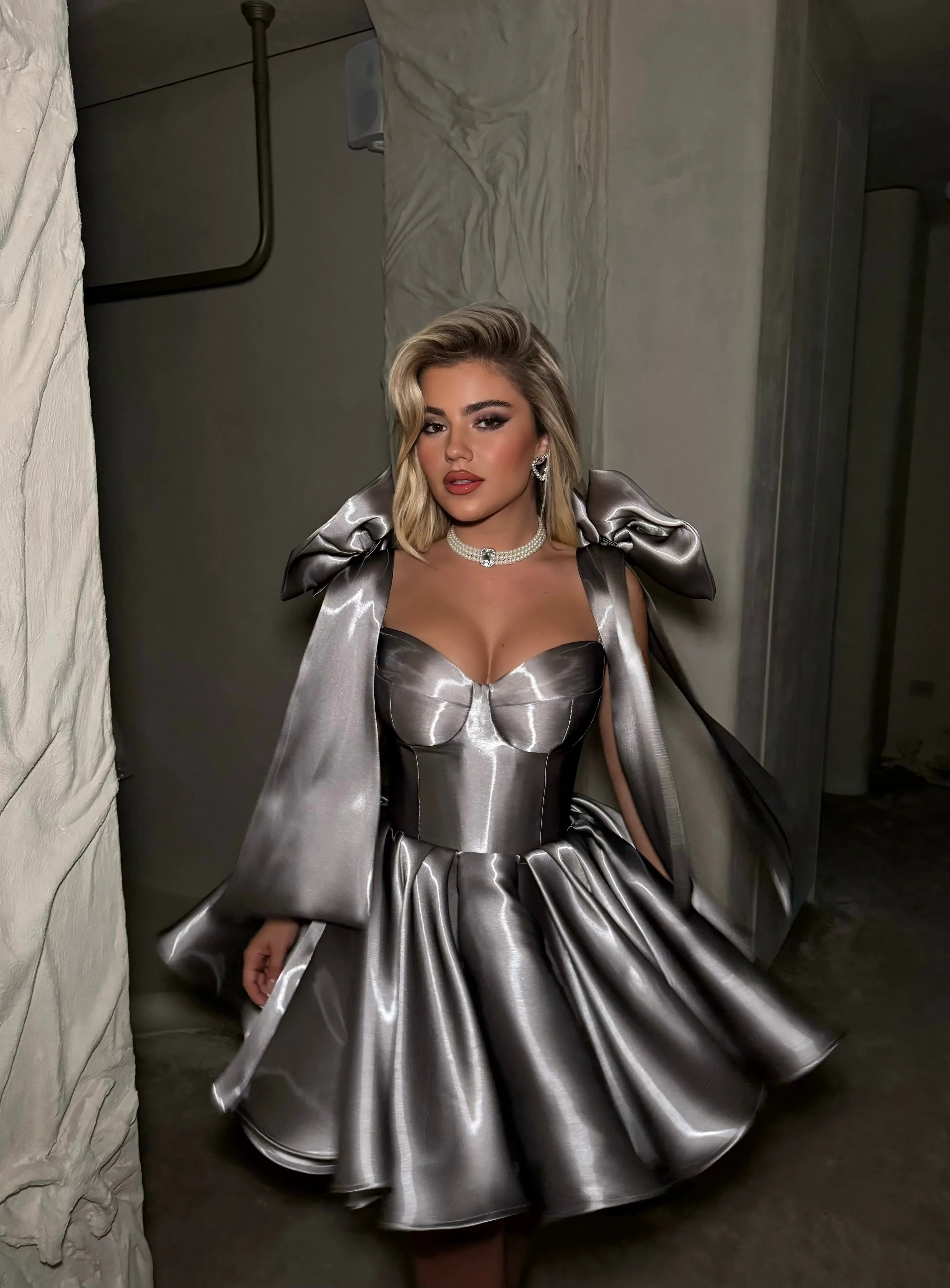 Elegant Gray Satin Corset Mini Dress with Bows RM248 Sheer Fairy