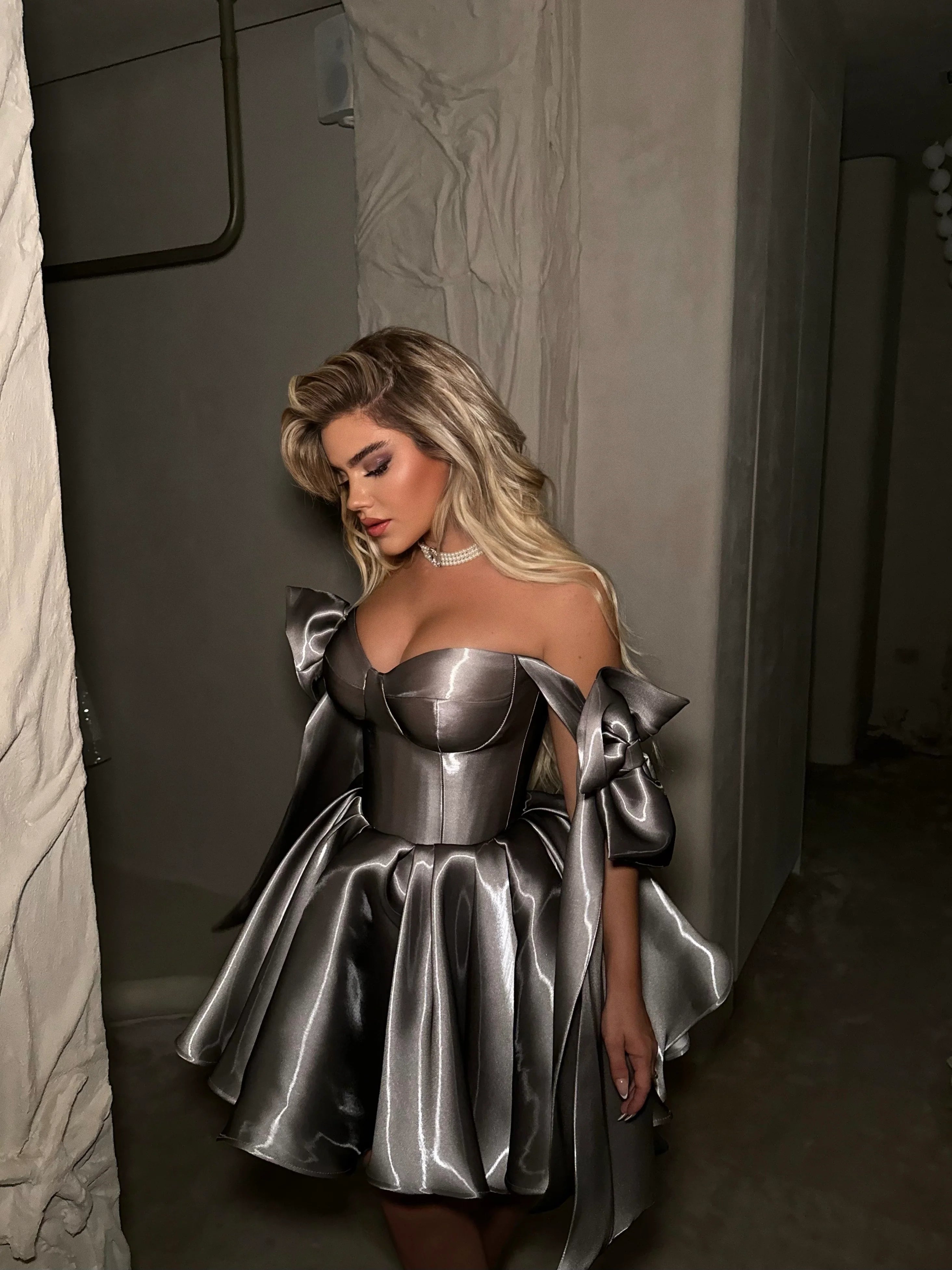 Elegant Gray Satin Corset Mini Dress with Bows RM248 Sheer Fairy