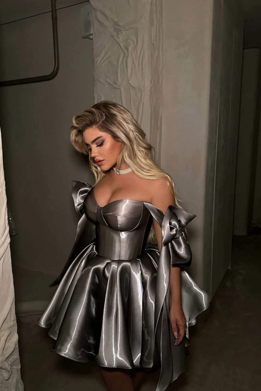 Elegant Gray Satin Corset Mini Dress with Bows RM248 Sheer Fairy