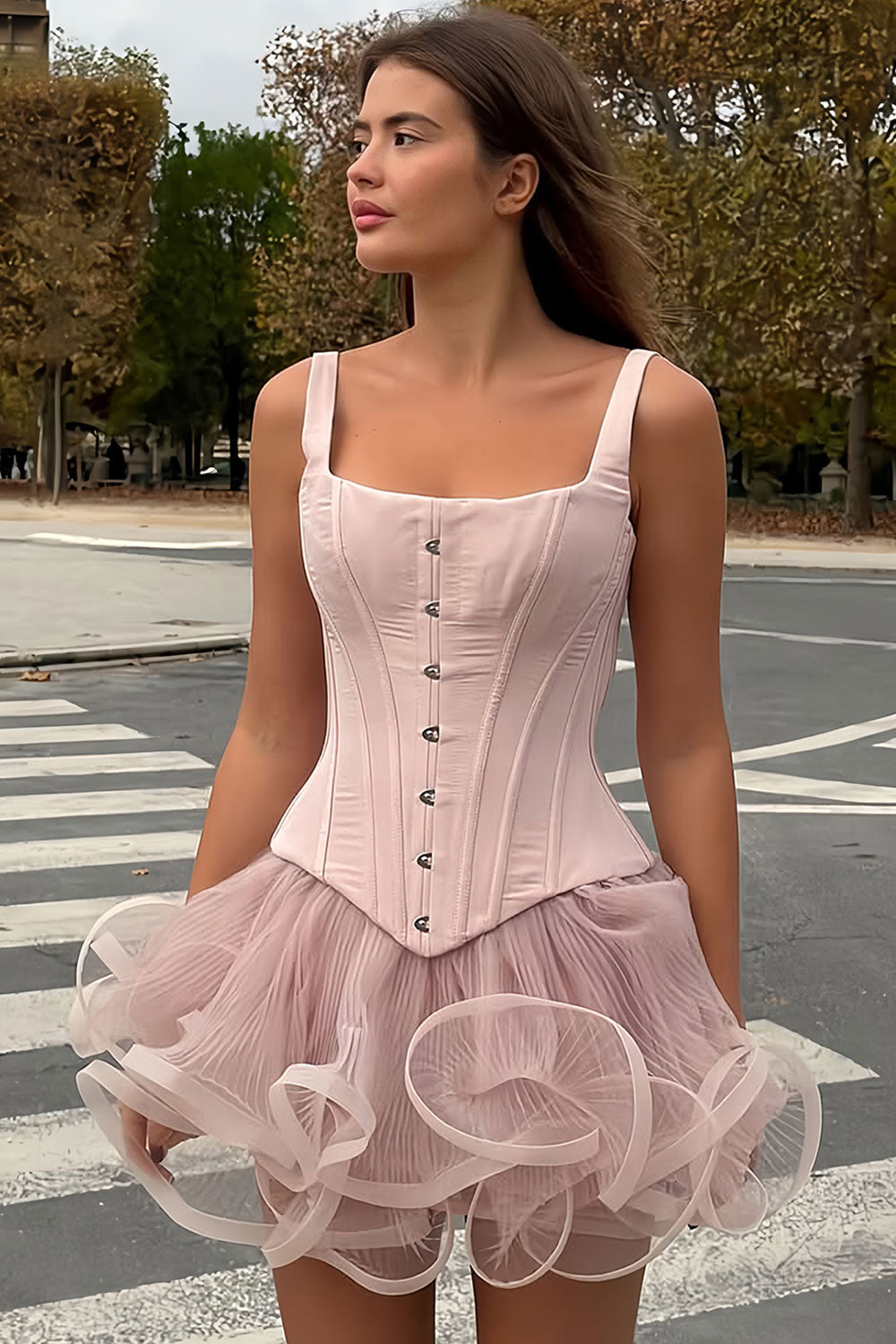 Pink Square Neck Corset Mini Homecoming Dress with 3D Ruffle Tulle RM204 Sheer Fairy