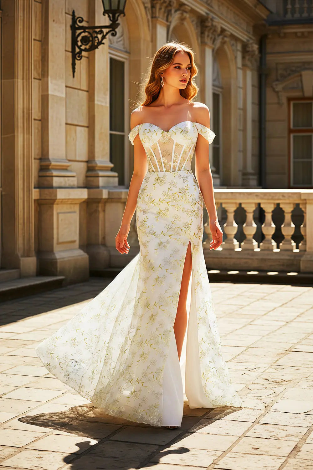 White Lace Mermaid Off-the-Shoulder Flora Beige Prom Dress SH461 Sheer Fairy