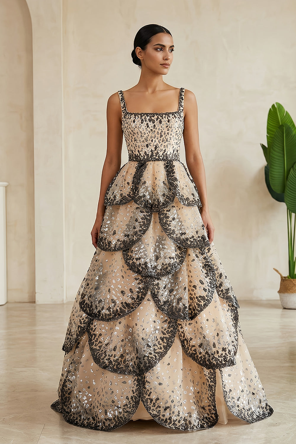 Champagne Silver Sequin Tiered Evening Dress SS243 Sheer Fairy
