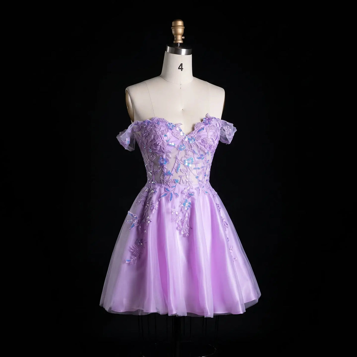 Lavender Tulle Off-Shoulder Lilac Mini Homecoming Dress RM161 Sheer Fairy