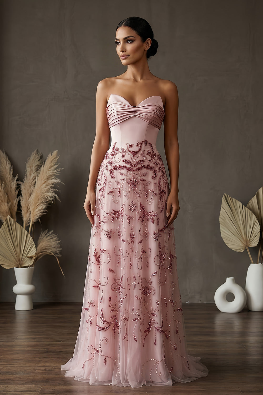 Blush Pink Strapless Sweetheart Beaded Floral A-Line Evening Gown SS529 Sheer Fairy