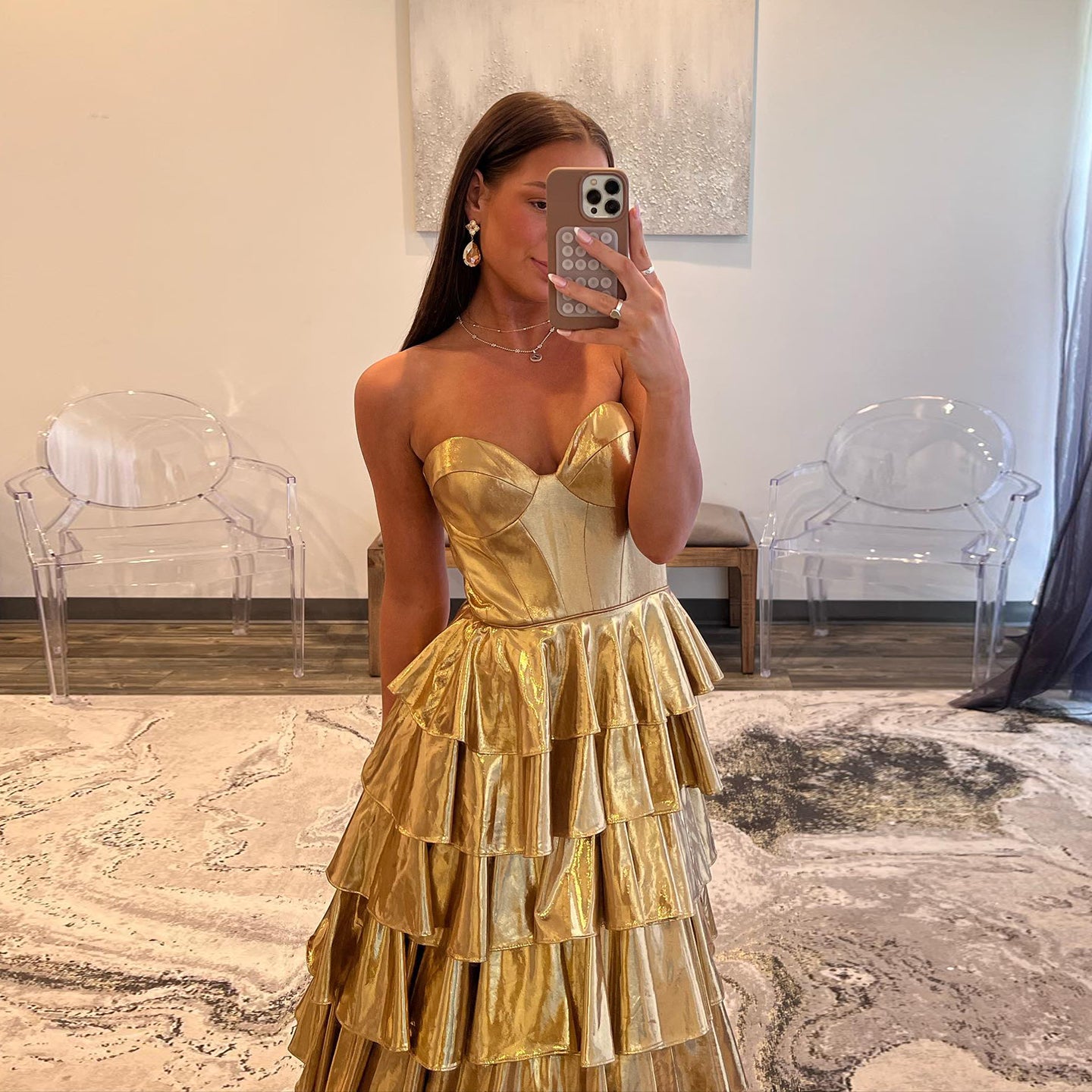 Gold Metallic Strapless Ruffled A-Line Prom Dress SH159