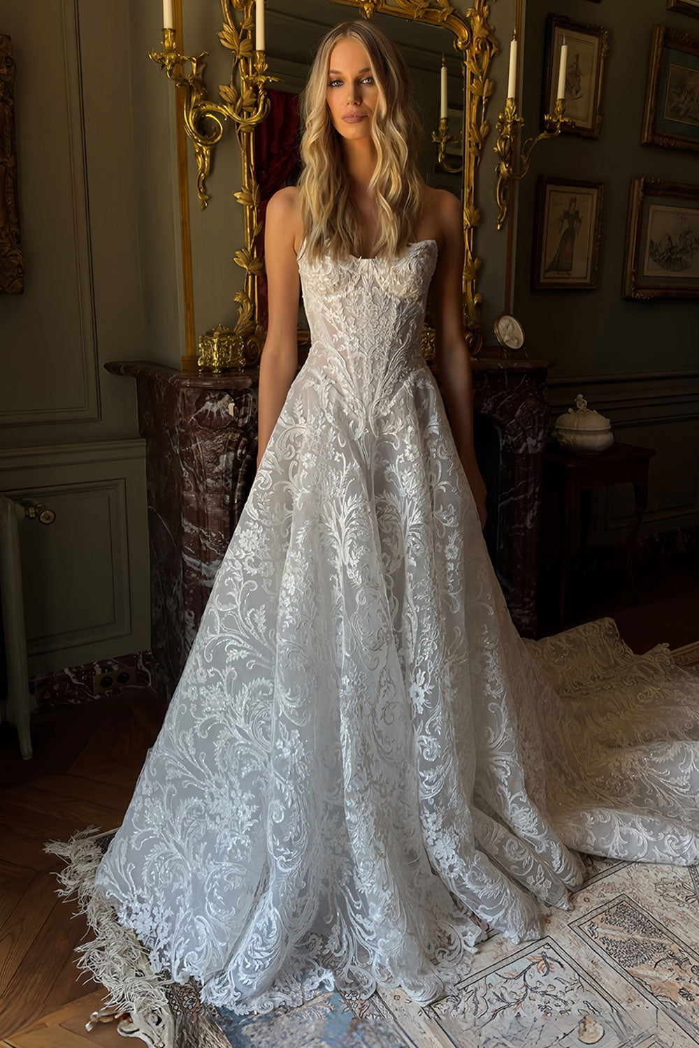 Sweetheart Lace A-Line Corset Wedding Dress with Train SW220 Sheer Fairy