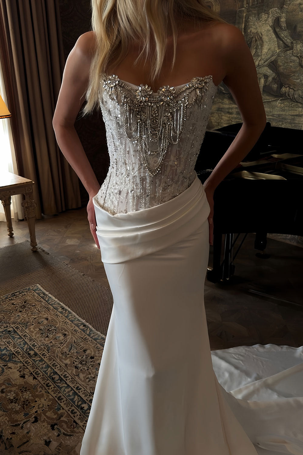 Strapless Crystal Beaded Corset Mermaid Wedding Dress with Court Satin Skirt SW221 Sheer Fairy