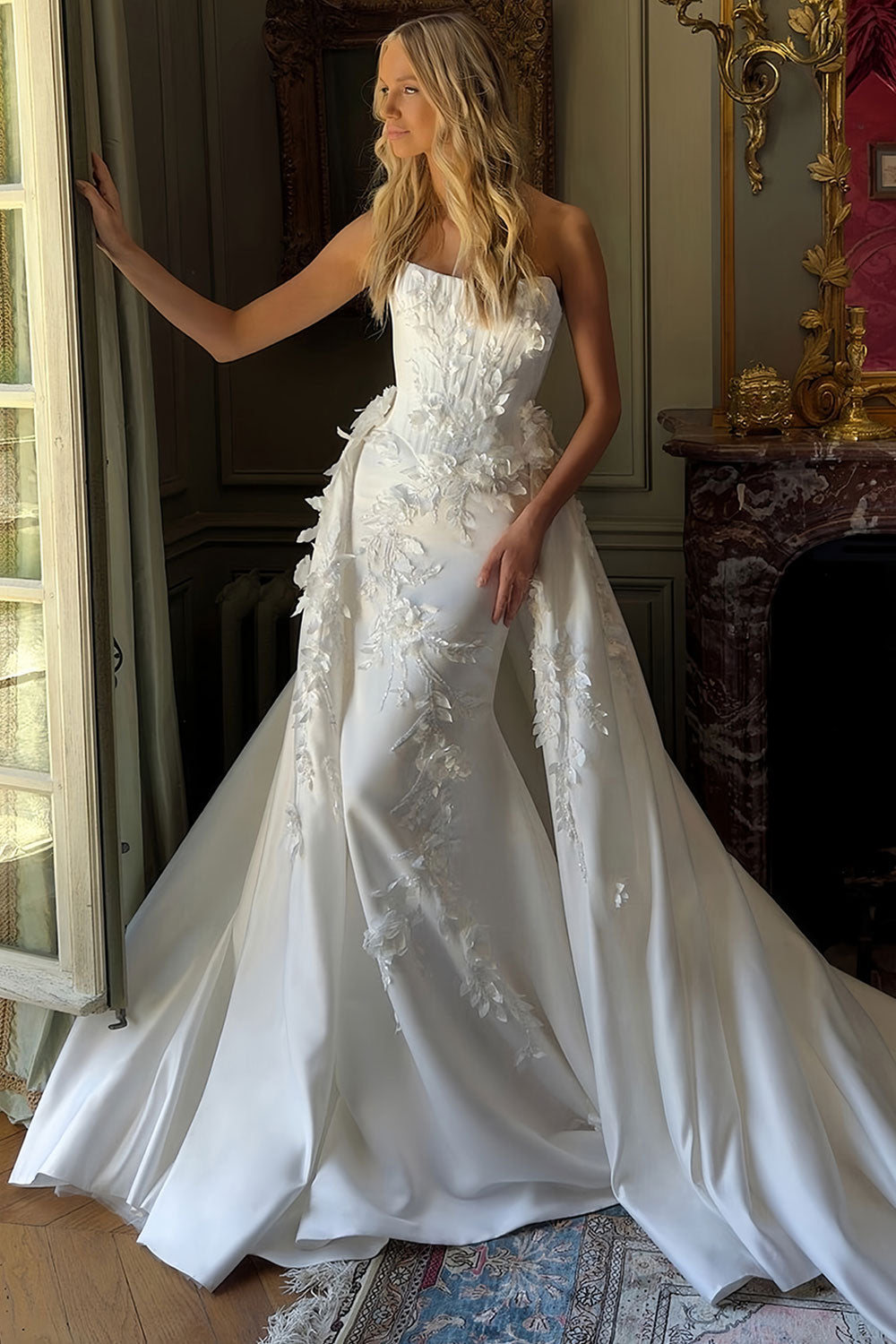 Strapless 3D Floral Satin Mermaid Wedding Dress with Detachable Overskirt SW222 Sheer Fairy