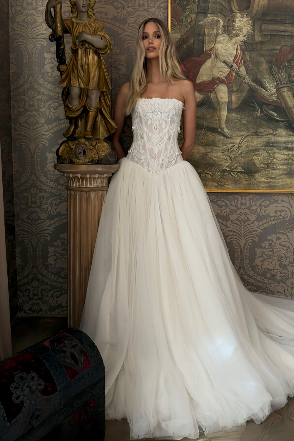 Strapless Lace Bodice A-Line Tulle Wedding Dress with Sheer Corset SW224 Sheer Fairy