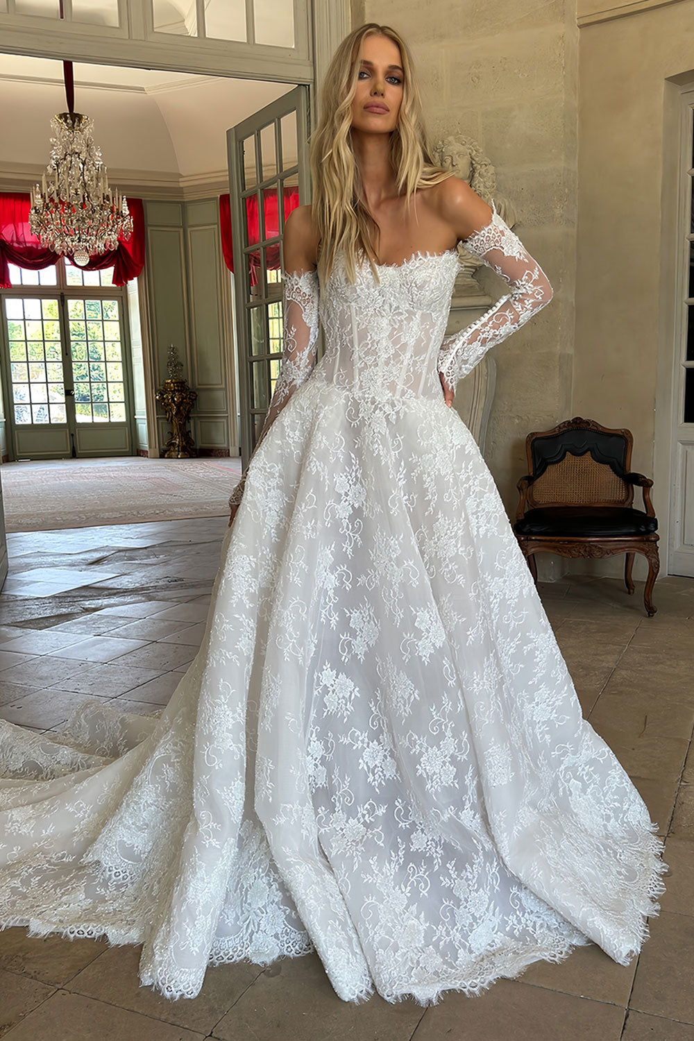 Off-the-Shoulder Long Lace Sleeve Ball Gown Wedding Dress with Sheer Corset SW225 Sheer Fairy