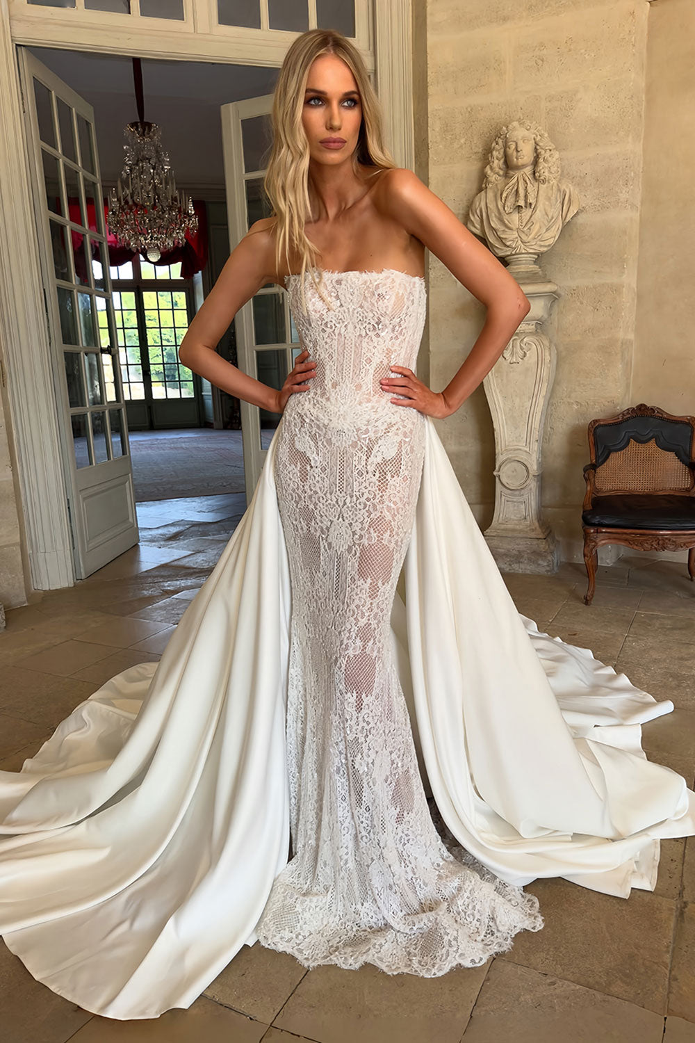 Strapless Lace Mermaid Wedding Dress with Detachable Overskirt SW226 Sheer Fairy