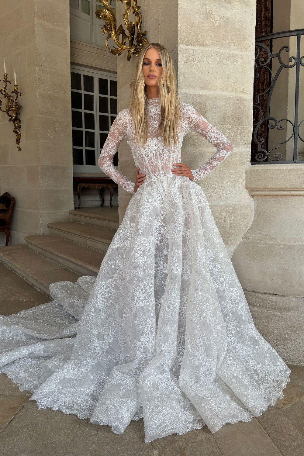 Long Sleeve Lace Sheer Wedding Bridal Dress with Court Train SW227 Sheer Fairy