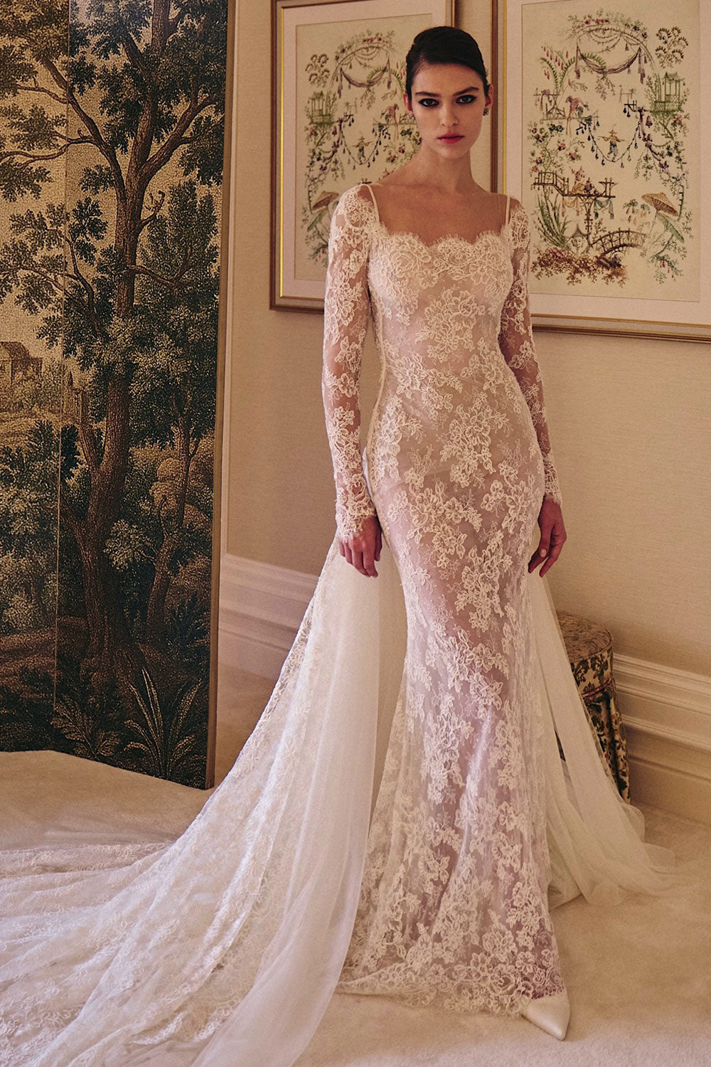 Square Neck Lace Mermaid Wedding Dress with Detachable Train SW228 Sheer Fairy